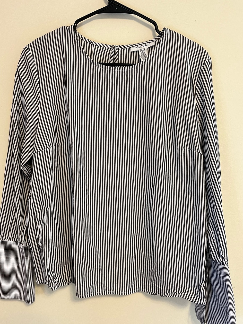 Pure Navy Striped Bell Sleeve Blouse Dark Gray & White 100% Cotton Size M